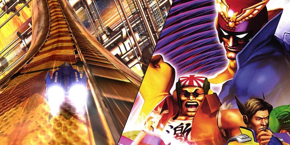 F-Zero GX, Split image showing the F-Zero GX cover as well as a race along a giant metal coil