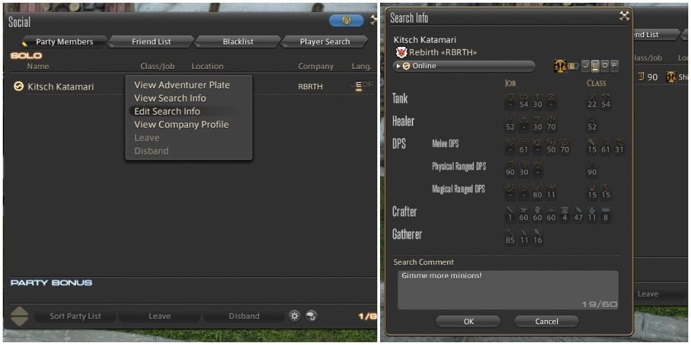 FF14 menus showing you how to update your search comment