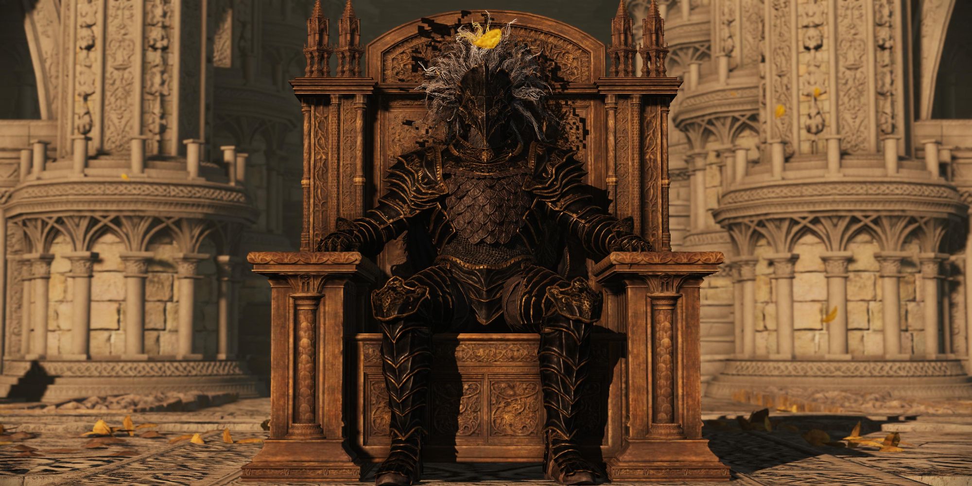 Tarnished sitting on the Elden Throne in Elden Ring.
