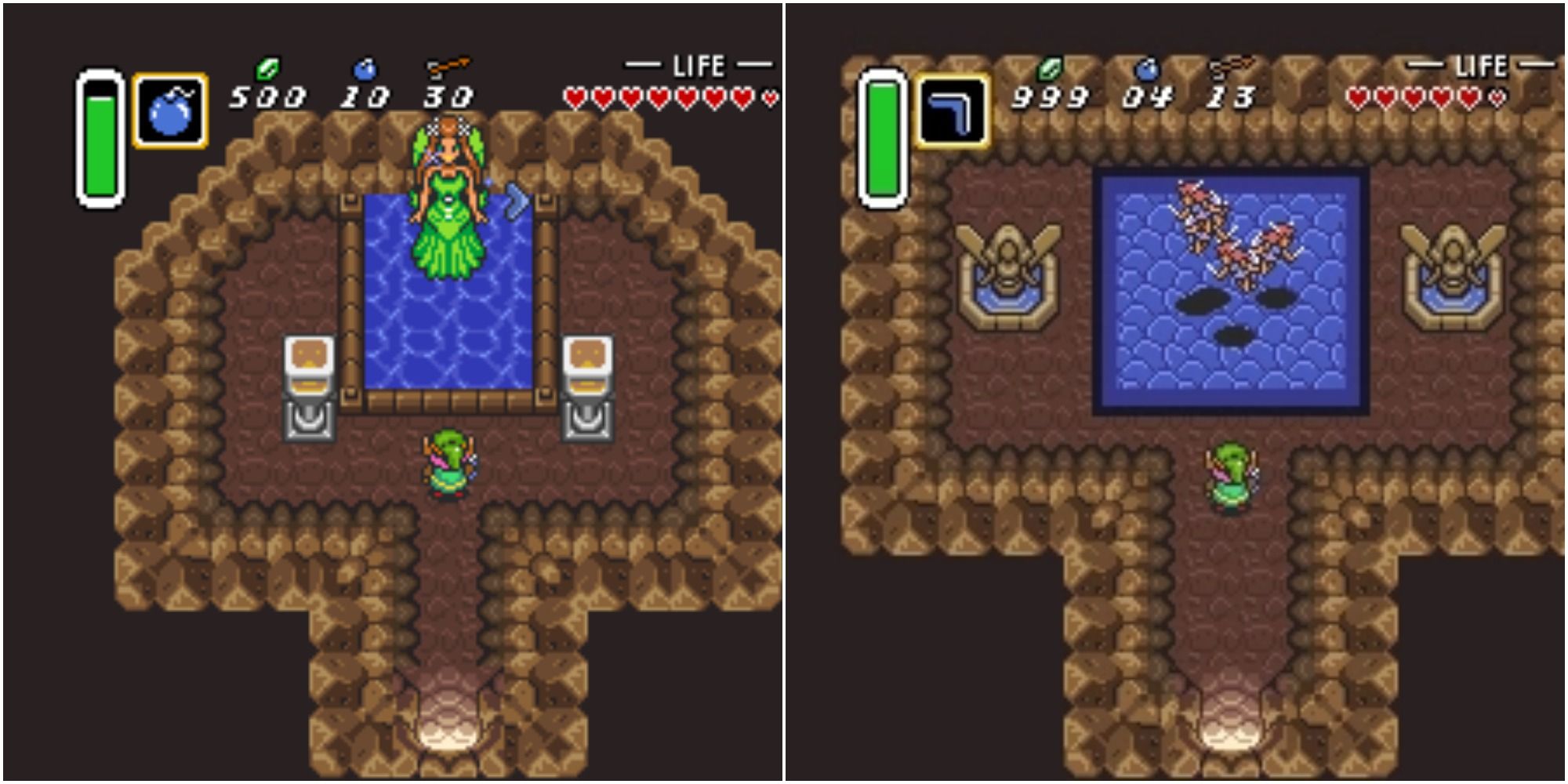 Split image screenshots of Link visiting Great Fairy Fountains in A Link to the Past.