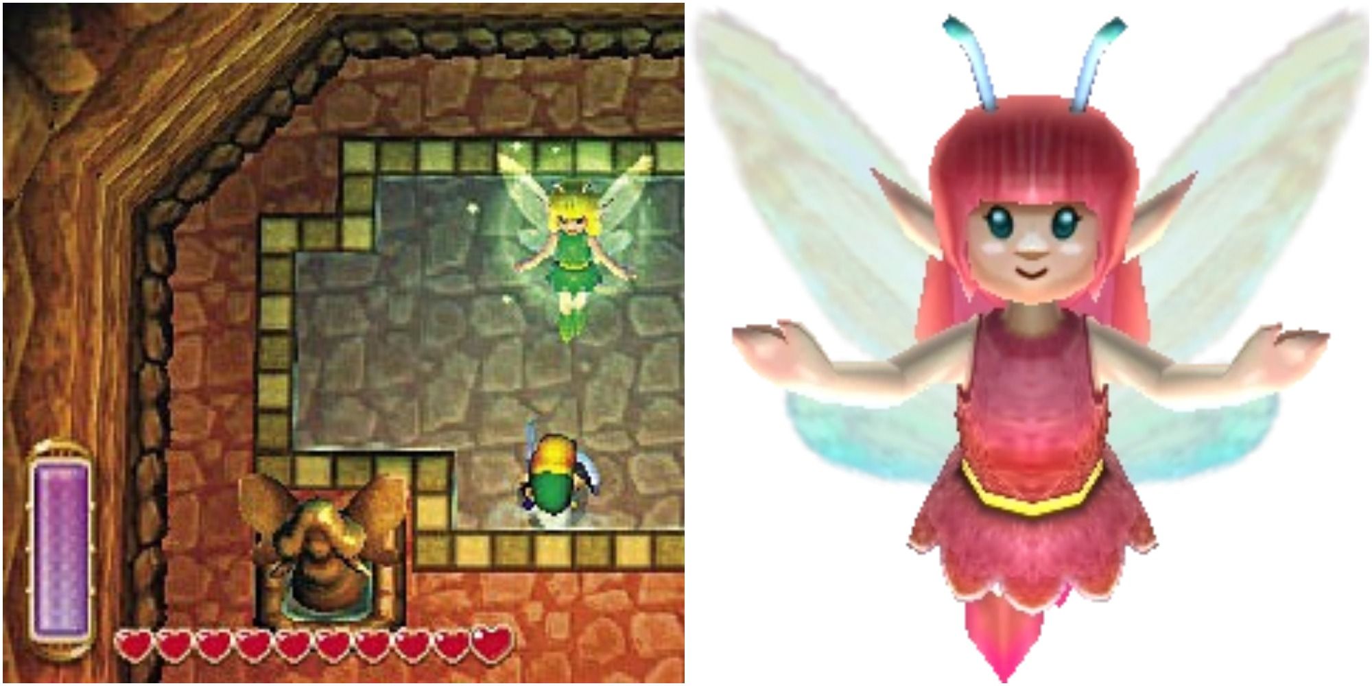 Split image of a screenshot of Link visiting a Great Fairy Fountain and a close-up shot of the Great Rupee Fairy.