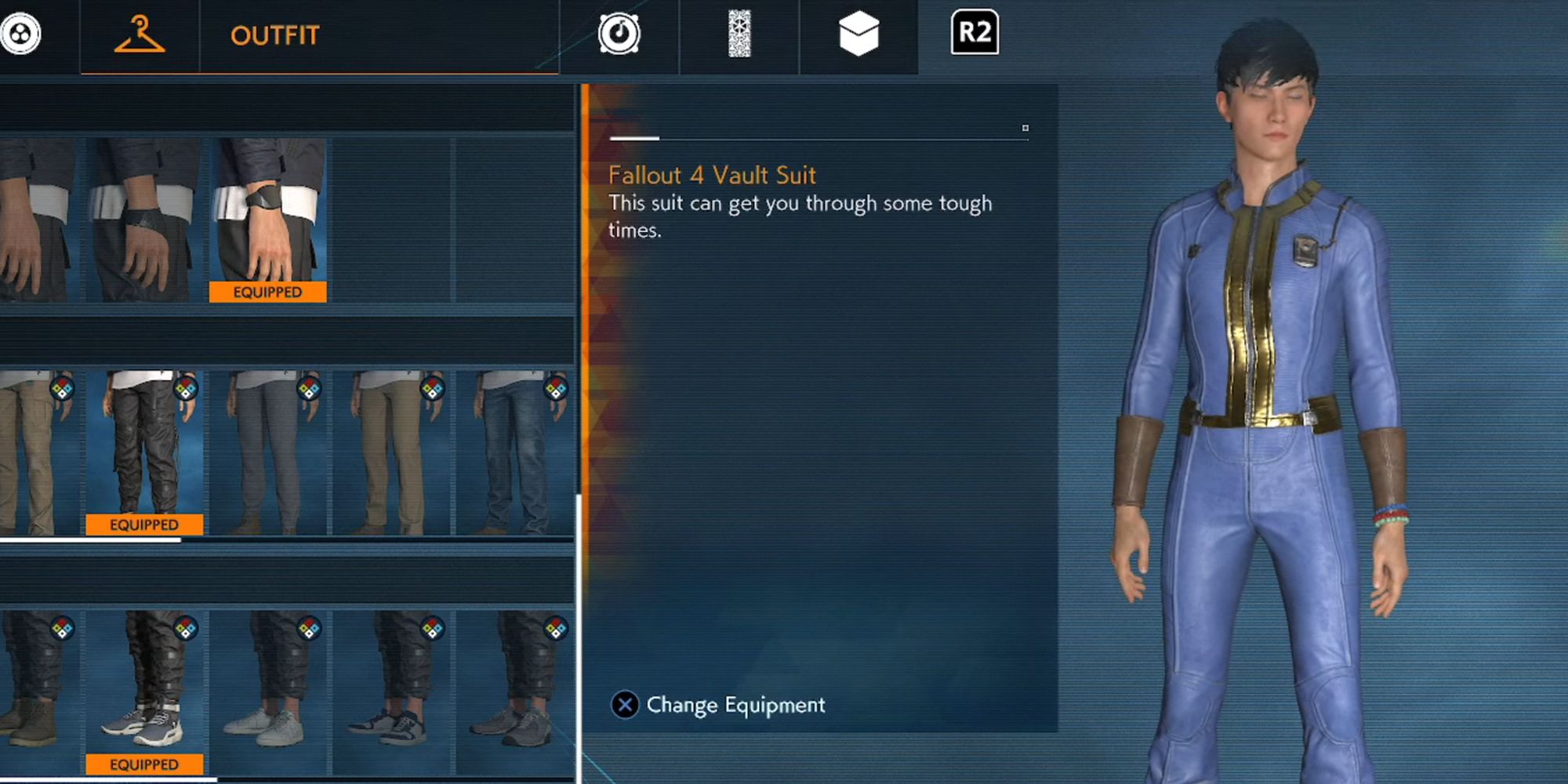 Ghostwire Tokyo's Fallout 4 Vault Suit. Outfit is blue with golden accents.