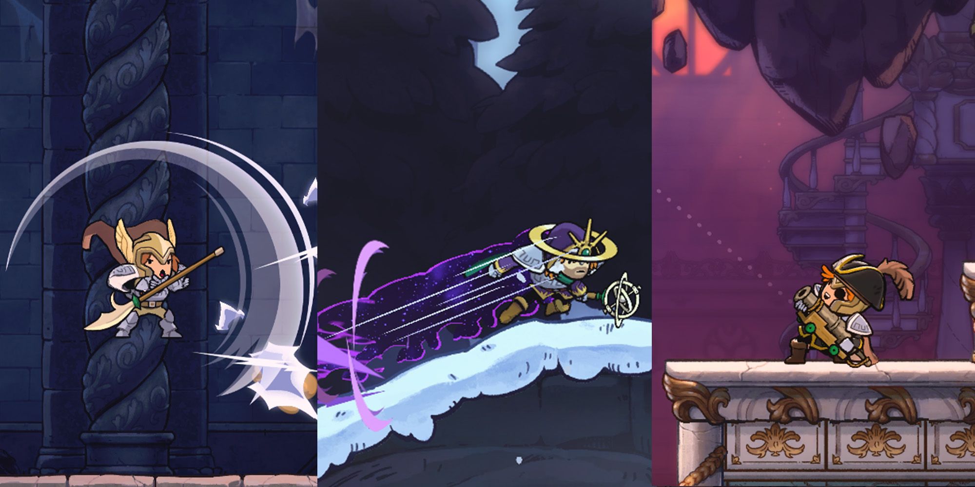 Rogue Legacy 2 screenshots of Valkyrie spinning spear, Astromancer dashing, and Pirate firing a cannon ball