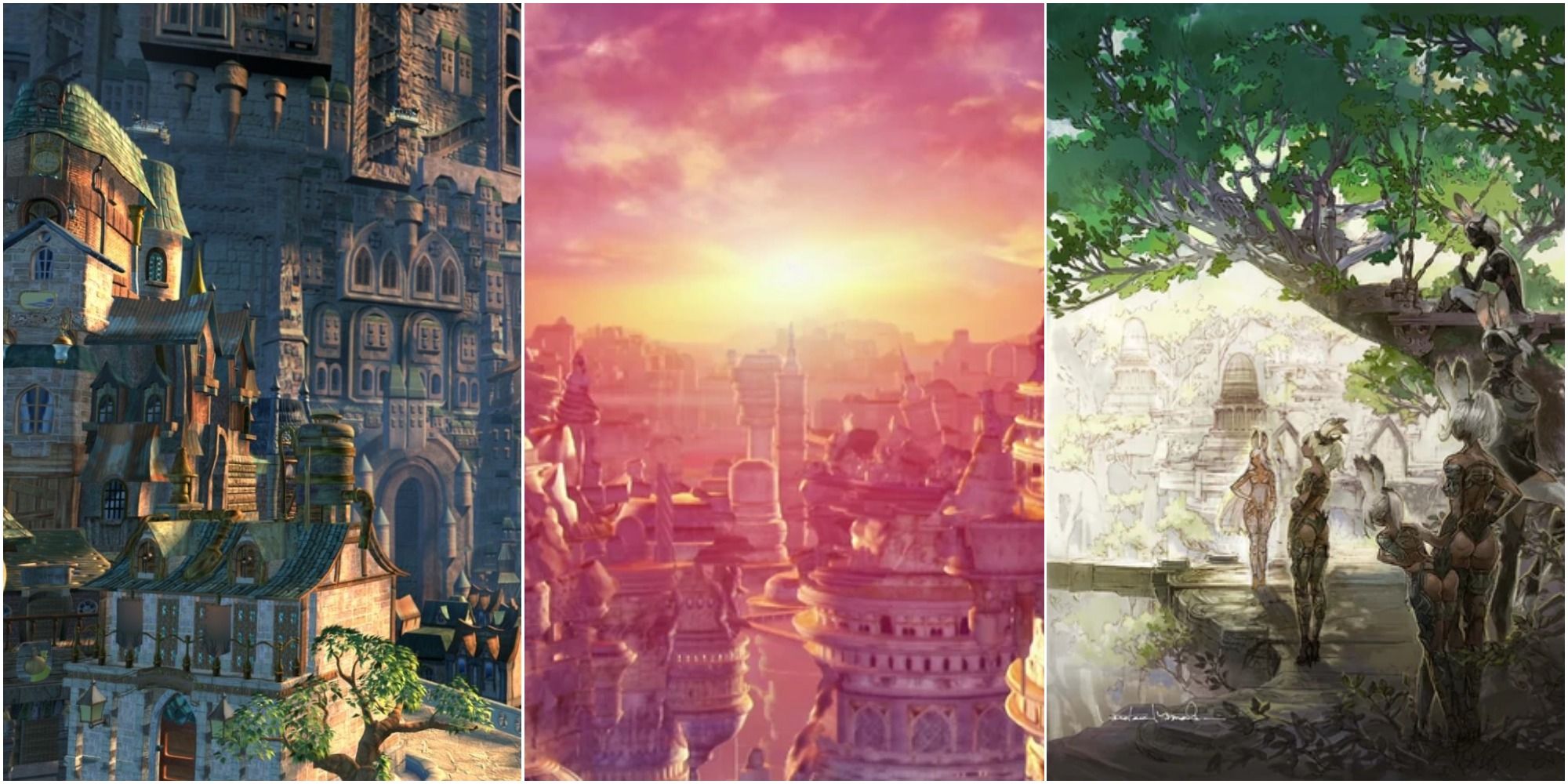 Split image screenshots of Lindblum (Final Fantasy 9), Zanarkand (Final Fantasy 10) and Eruyt Village (Final Fantasy 12).