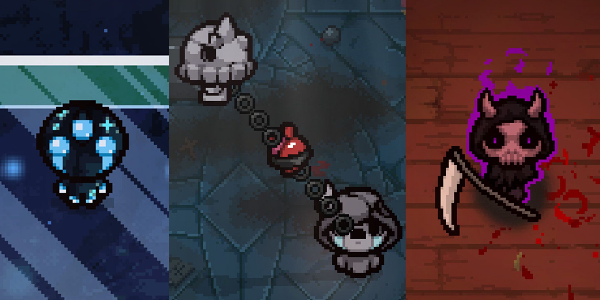 The Binding of Isaac: Repentance screenshots of modded characters Andromeda, Samael, and Sodom and Gomorrah