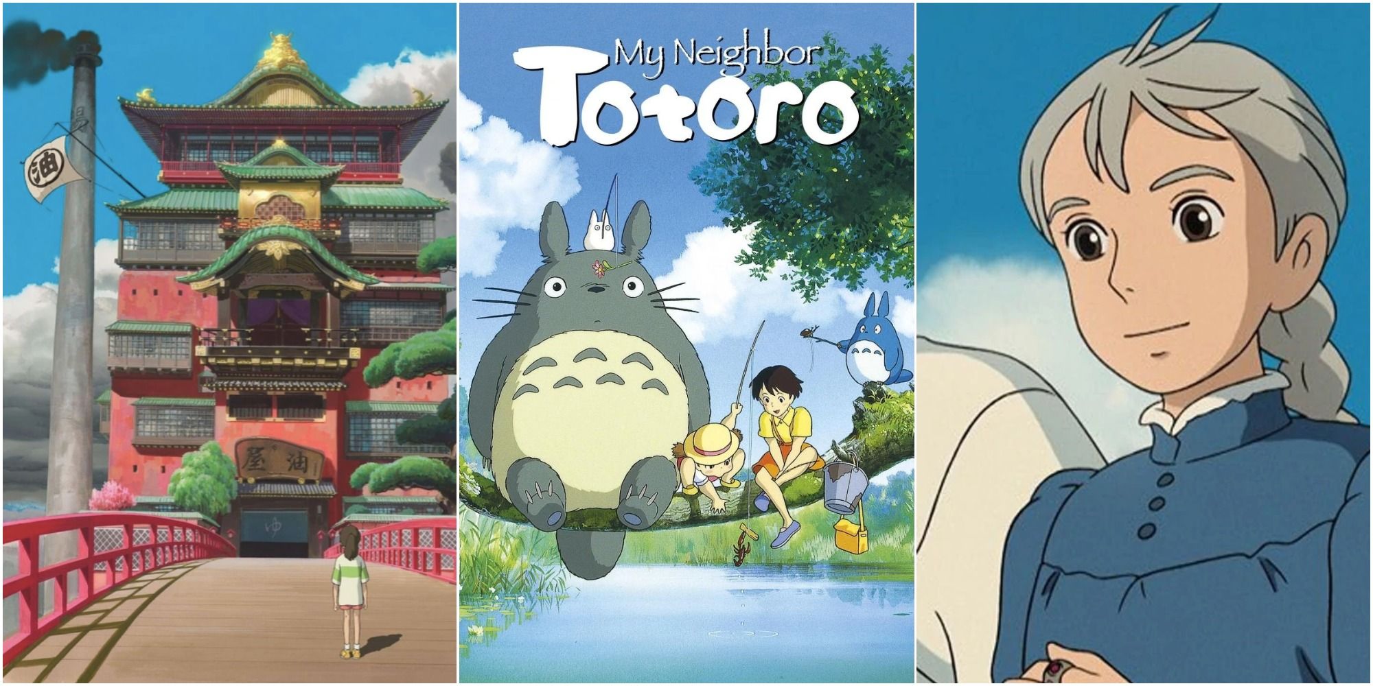 Split image screenshots of the Bathhouse from Spirited Away, official cover art of My Neighbour Totoro, and Sophie Hatter from Howl’s Moving Castle.
