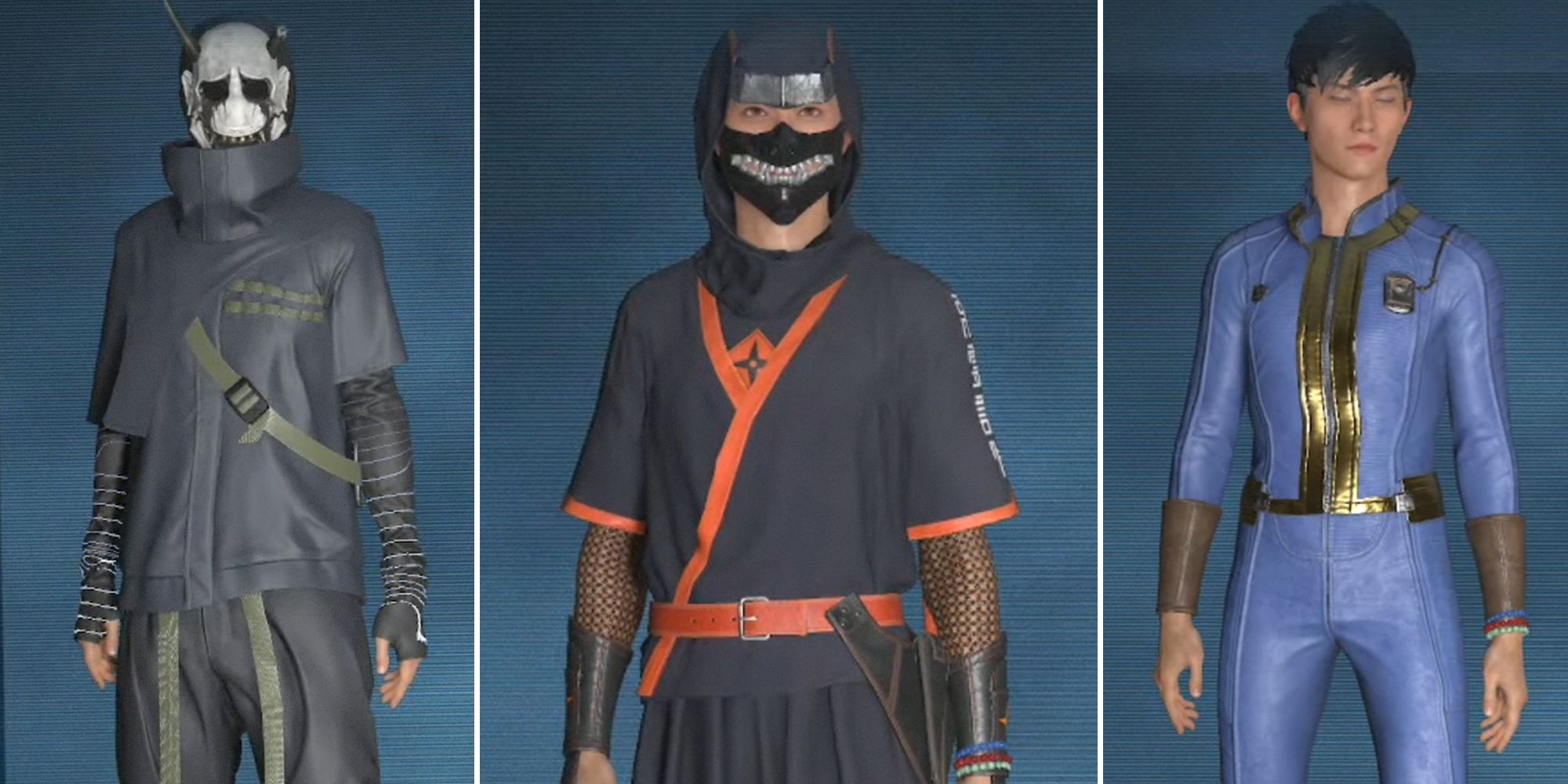 Ghostwire Tokyo split image. Hannya, Shinobi, Fallout Vault Suit outfits.