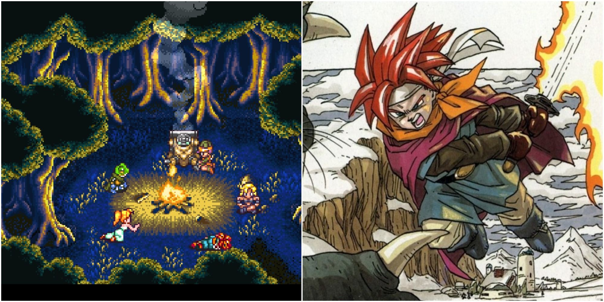 Split image screenshots of the Chrono Trigger around a campfire and a close-up of the game’s box art, showing Crono.