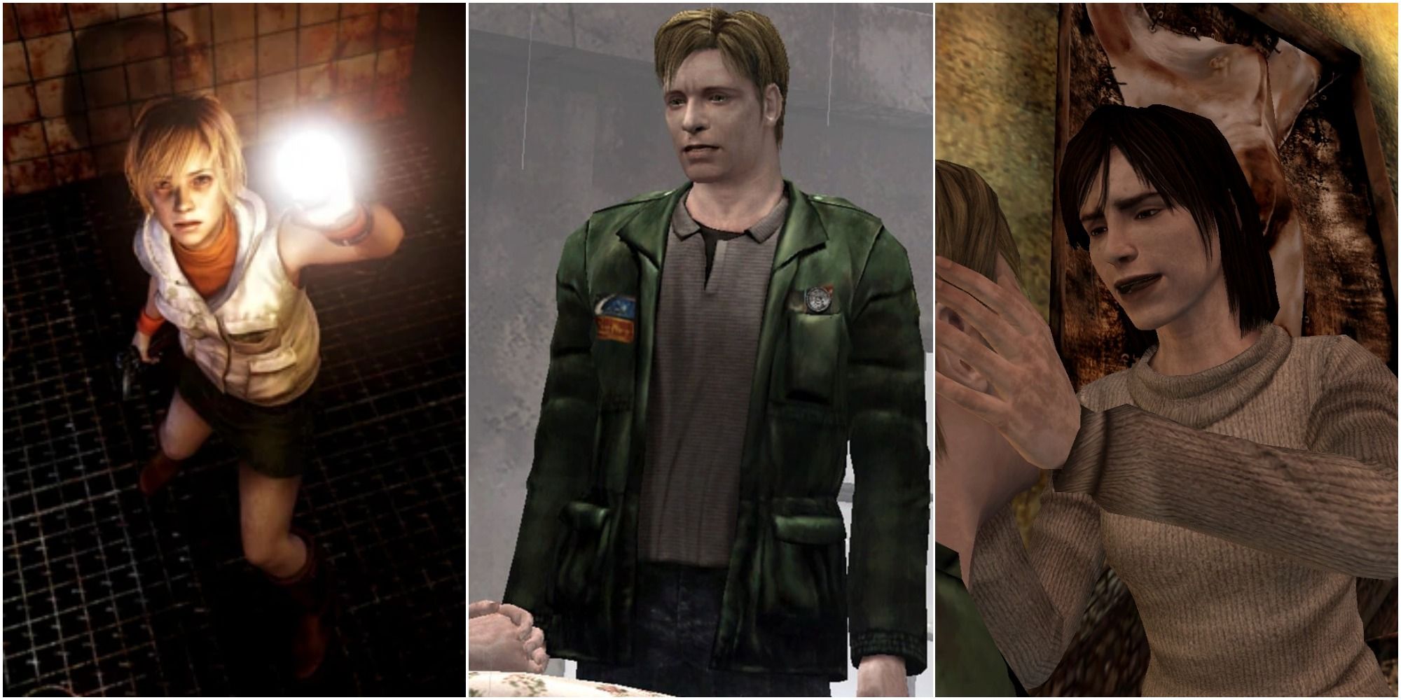 Split image screenshots of Heather Mason from Silent Hill 3, James Sunderland from Silent Hill 2 and Angela Orosco from Silent Hill 2.