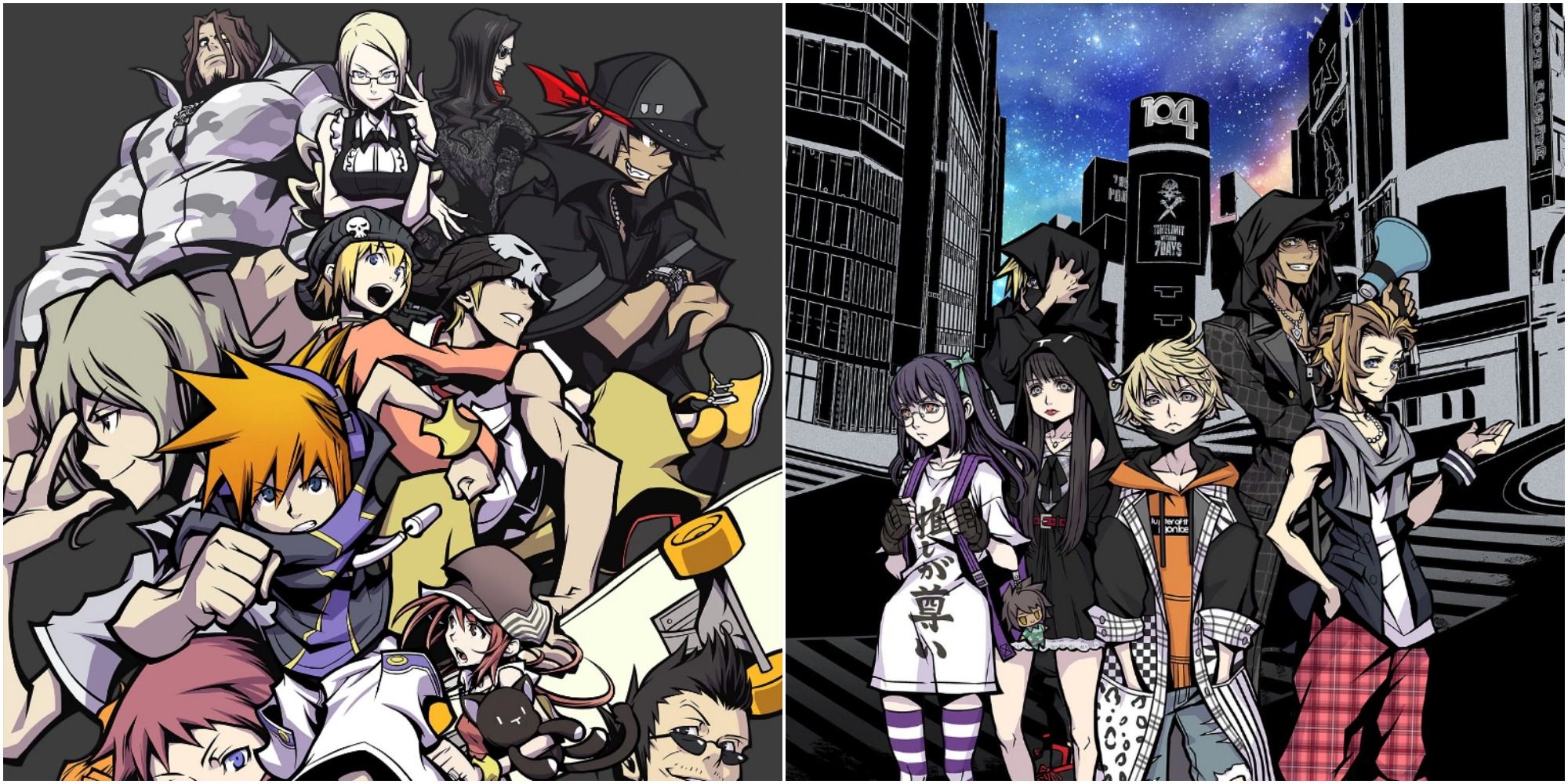 Split image screenshots of The World Ends With You and NEO: The World Ends With You box art.