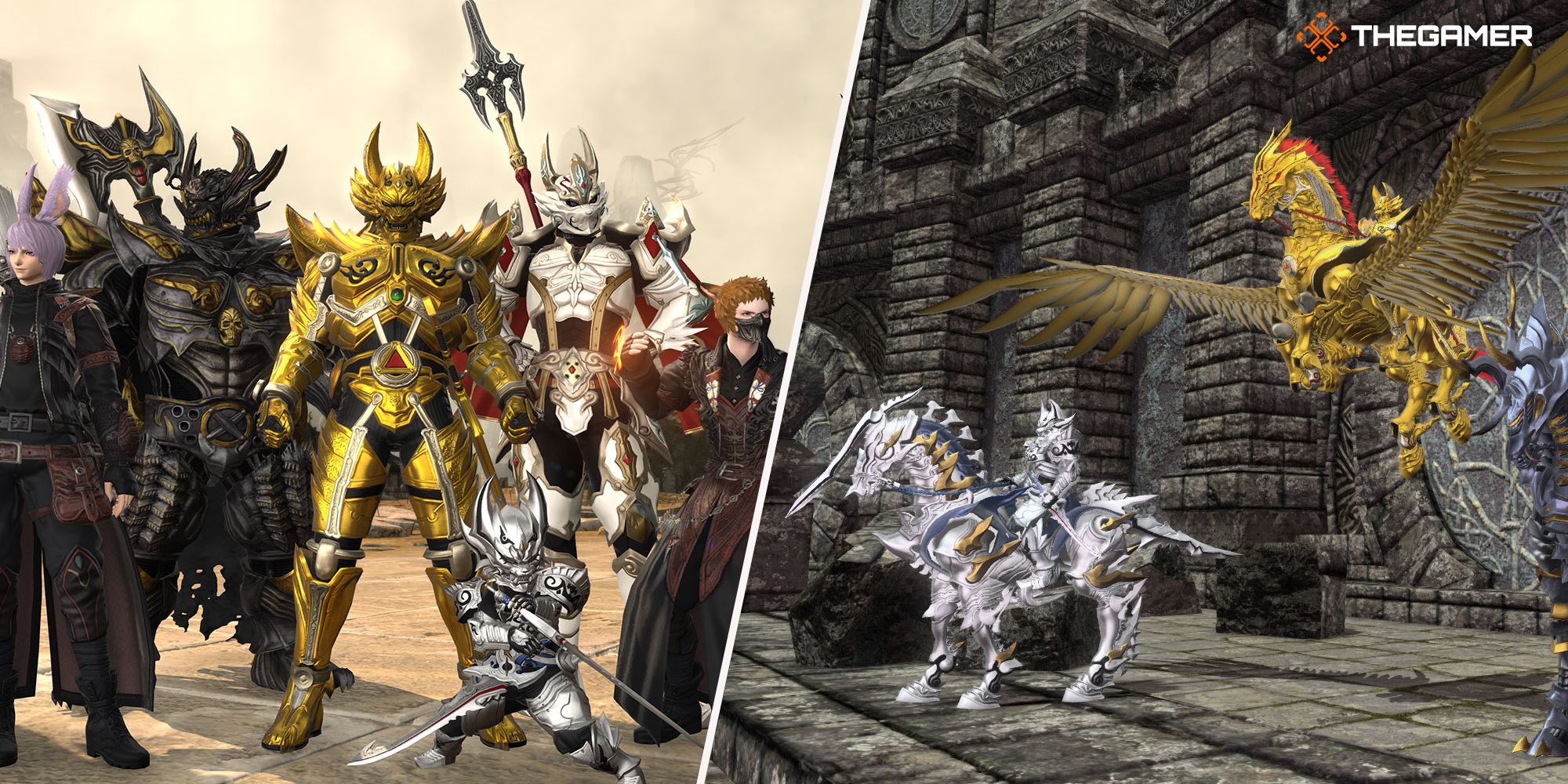 Final Fantasy 14 collage of garo gear and mounts