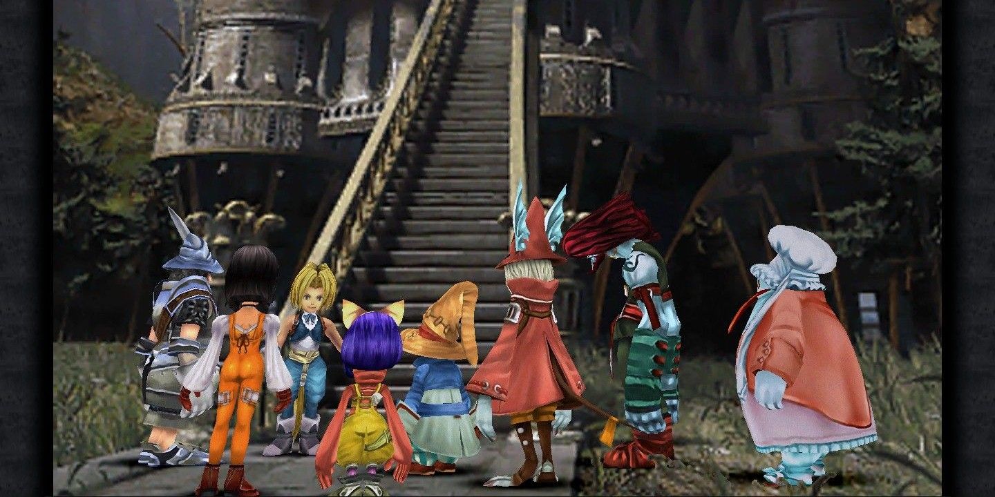 Final Fantasy IX screenshot of the entire party (from left to right: Steiner, Garnet, Zidane, Eiko, Vivi, Freya, Amarant, and Quina Quen)