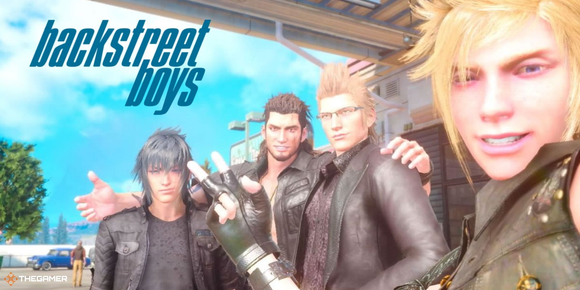 Final Fantasy XV - photo of main characters with backstreet boys logo