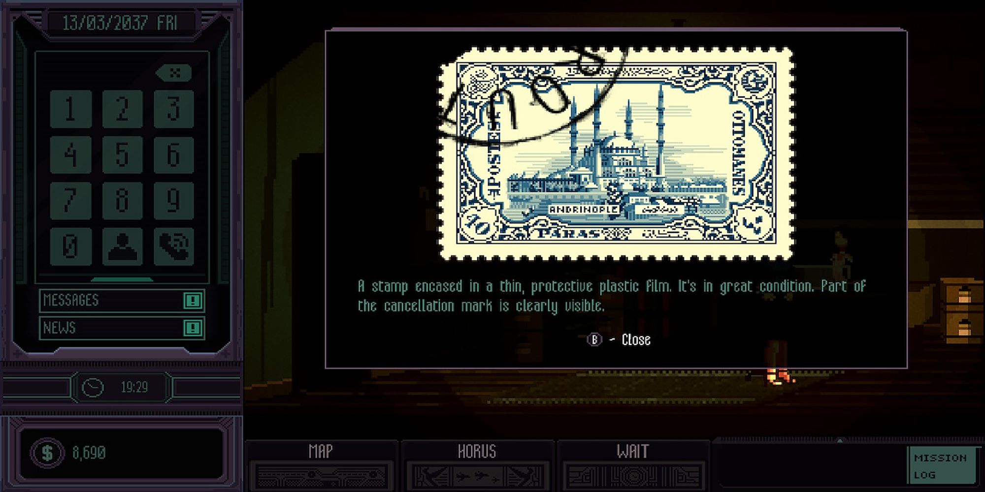 A blue, landscape shaped stamp given to Amira by Tiger Lily in Chinatown Detective Agency.