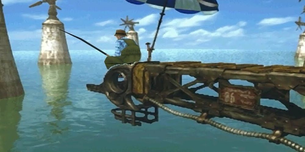 A screenshot of Fisherman’s Horizon in Final Fantasy 8 with a fisherman sitting on the end of the pier. 