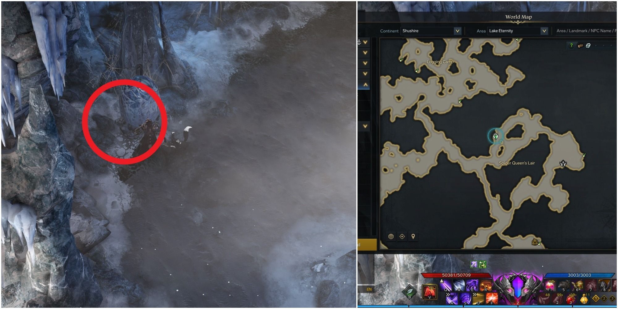 Lost Ark split image of Frozen Spider Egg location on the map and its location on the ground with a red circle around the snowy ground