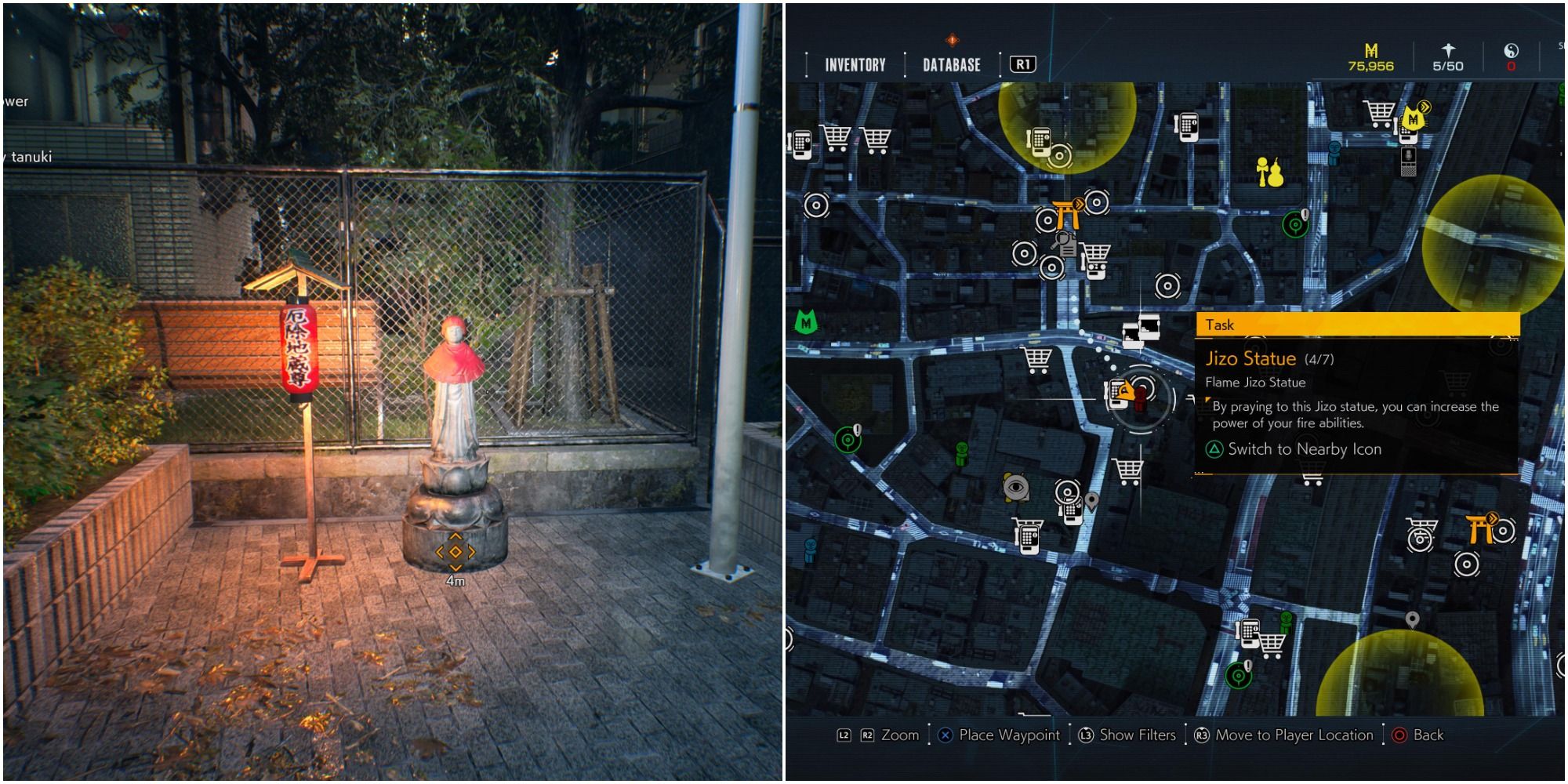 Ghostwire Tokyo split image of fire jizo statue and map location