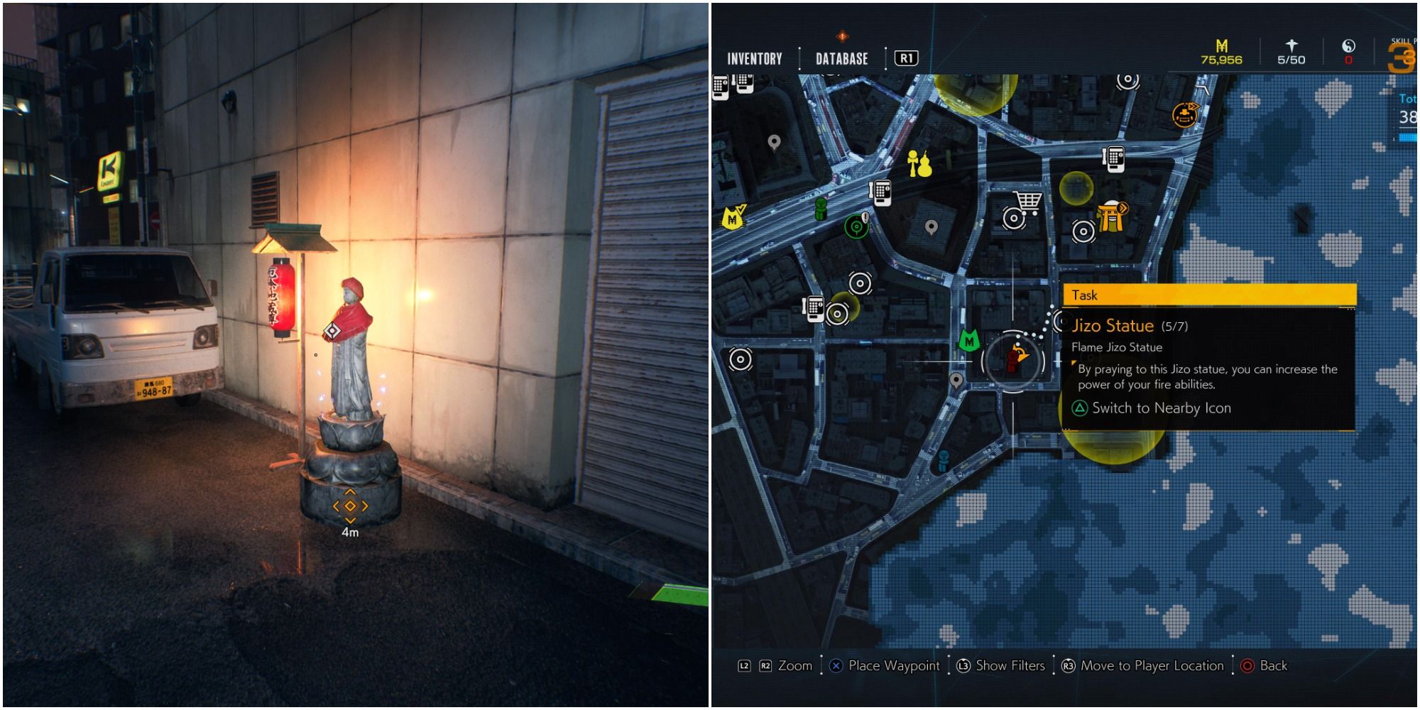 Ghostwire Tokyo split image of fire jizo statue and map location