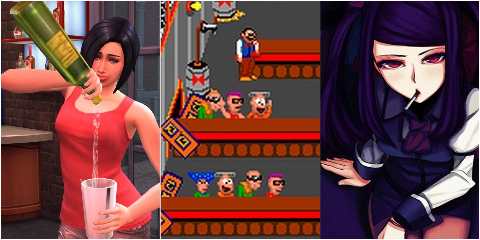 A Sim mixing drinks, the arcade game Tapper, and the main character of VA-11 Hall-A, left to right