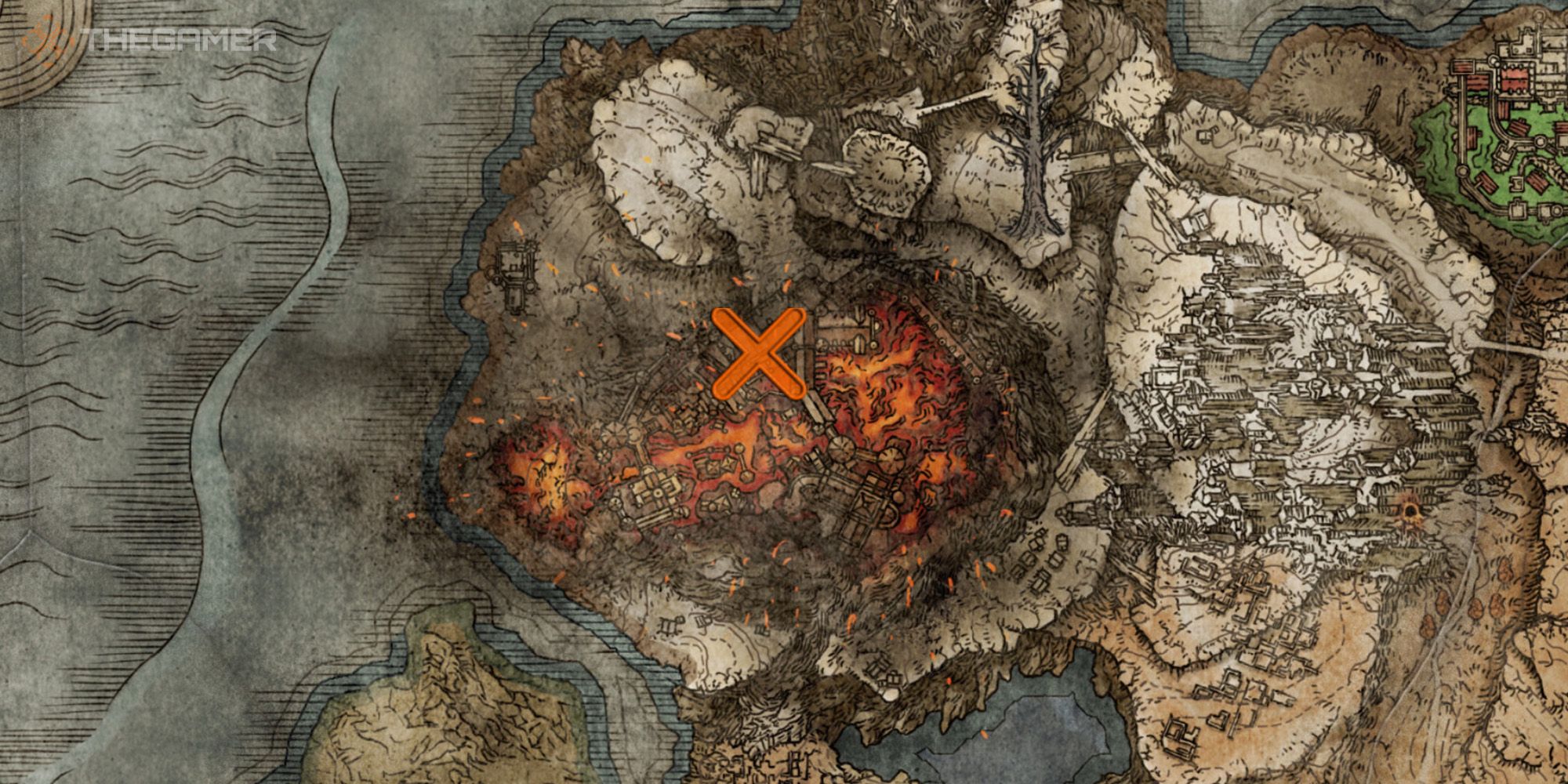 Map showing the location of the Gelmir's Fury Sorcery within Volcano Manor in Elden Ring