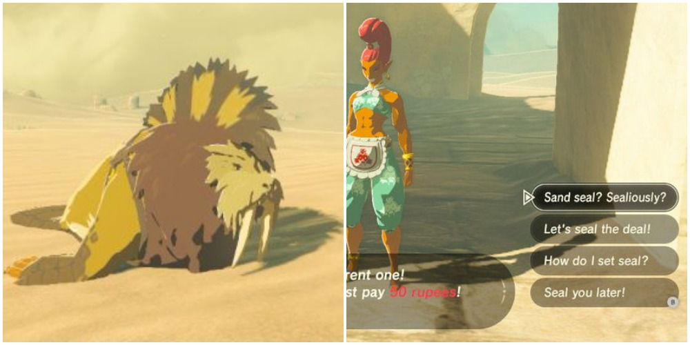 Split image screenshots of a sand seal in the Legend of Zelda: Breath of the Wild and a Gerudo with four dialogue options for Link, each with a seal pun. 