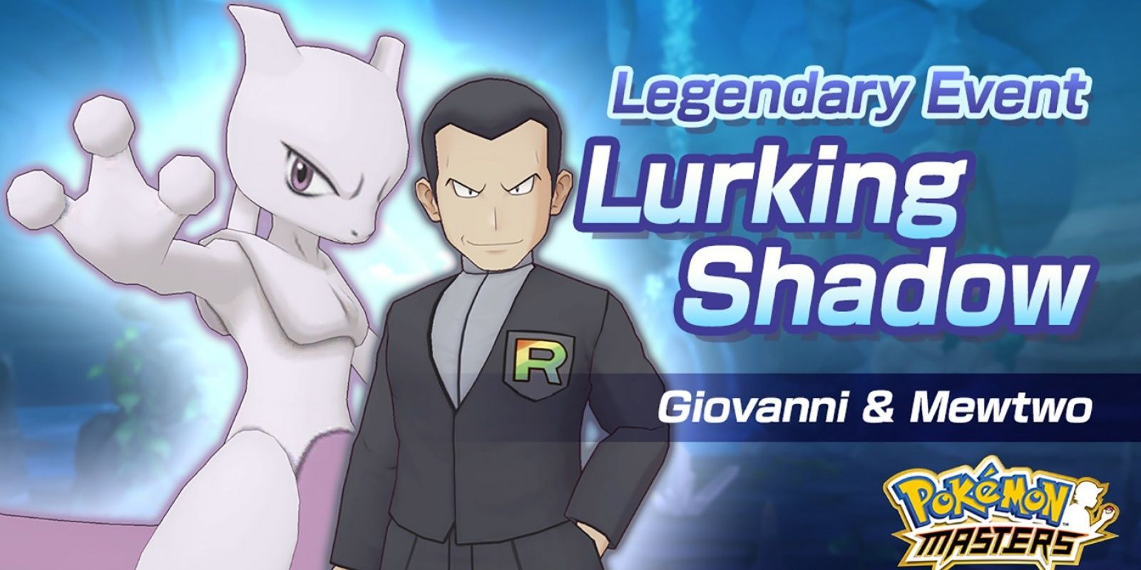 Giovanni and Mewtwo from Pokemon Masters EX standing side by side in promotional image for Legendary Event Lurking Shadow.