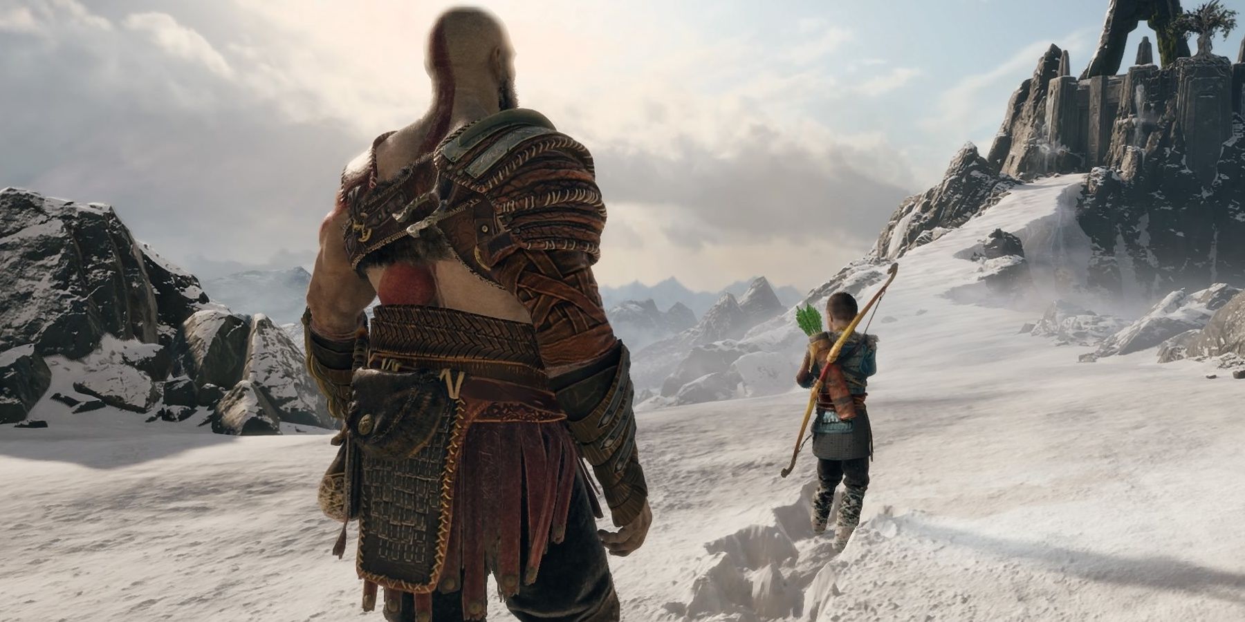 God of War No HUD showing Kratos following Atreus