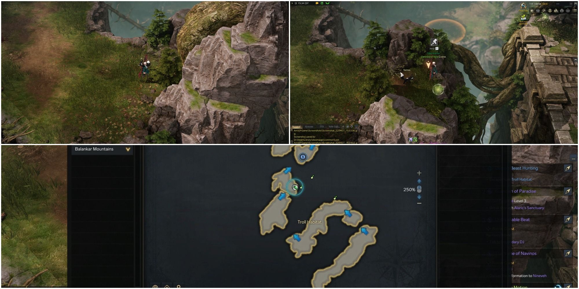 Lost Ark split image of Gorgon's Nest second Mokoko seed, it's hidden entrance, and its map location