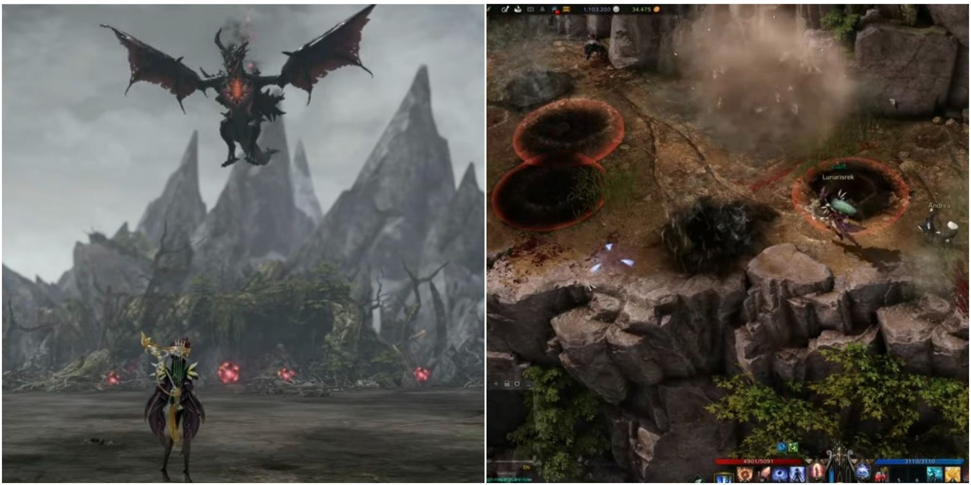 Lost Ark split image of Gorgon's Nest final boss and player running along rocky strip dodging bombs