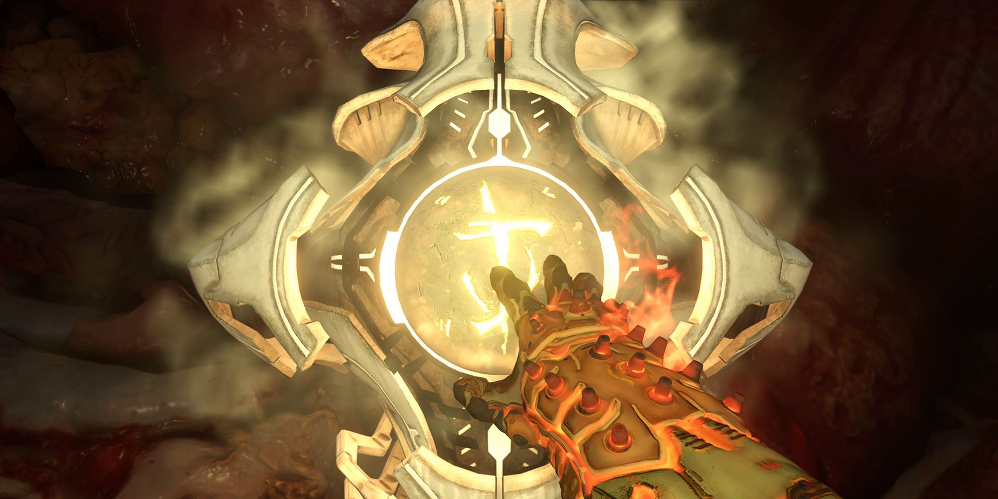 Doom Slayer presses his hand into a Rune console.