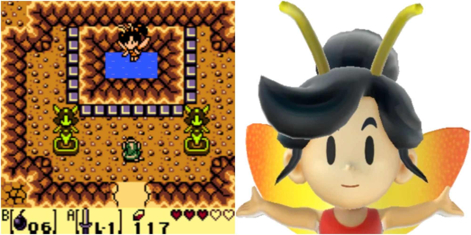 Split image showing a screenshot of Link visiting the Great Fairy’s fountain in Link’s Awakening and a close-up image of the updated model of the Great Fairy.