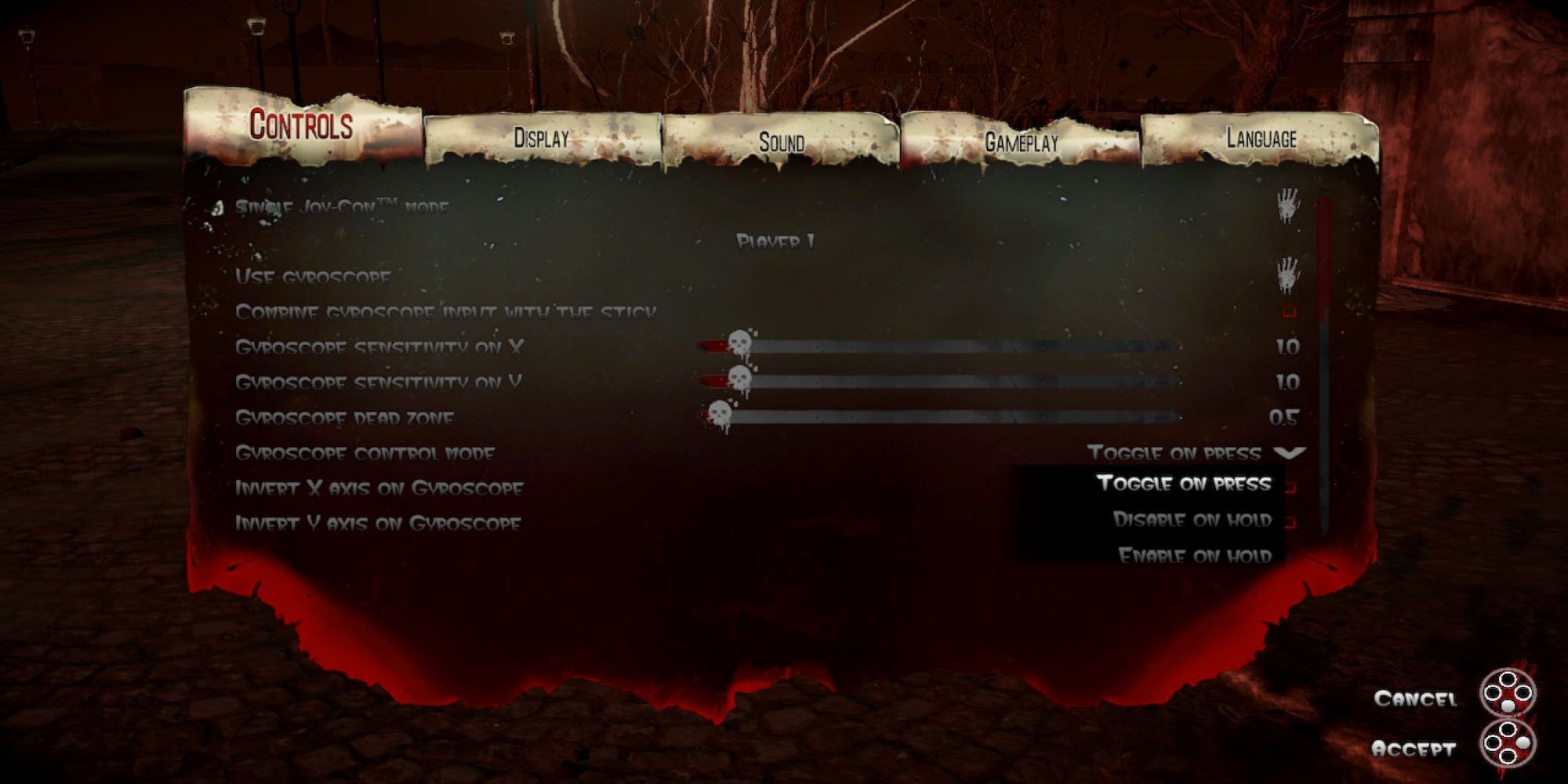 A look at the Gyroscope toggle options in The House Of The Dead: Remake.