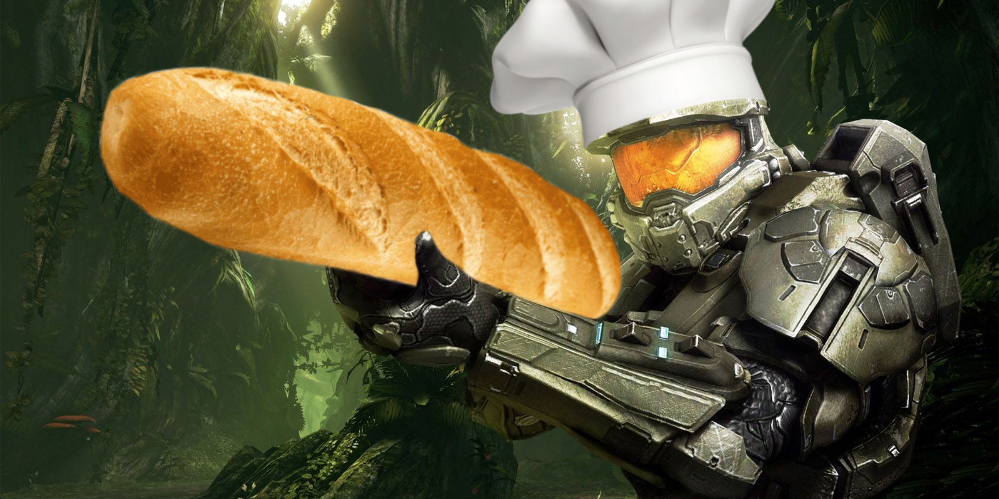 Master Chief with a chef's hat and a baguette