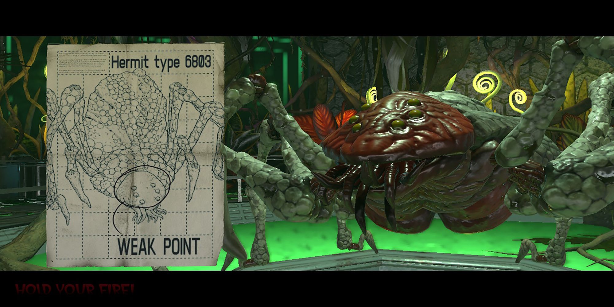 The introduction to Hermit in Curien's laboratory, along with its weak point diagram, in The House Of The Dead: Remake.