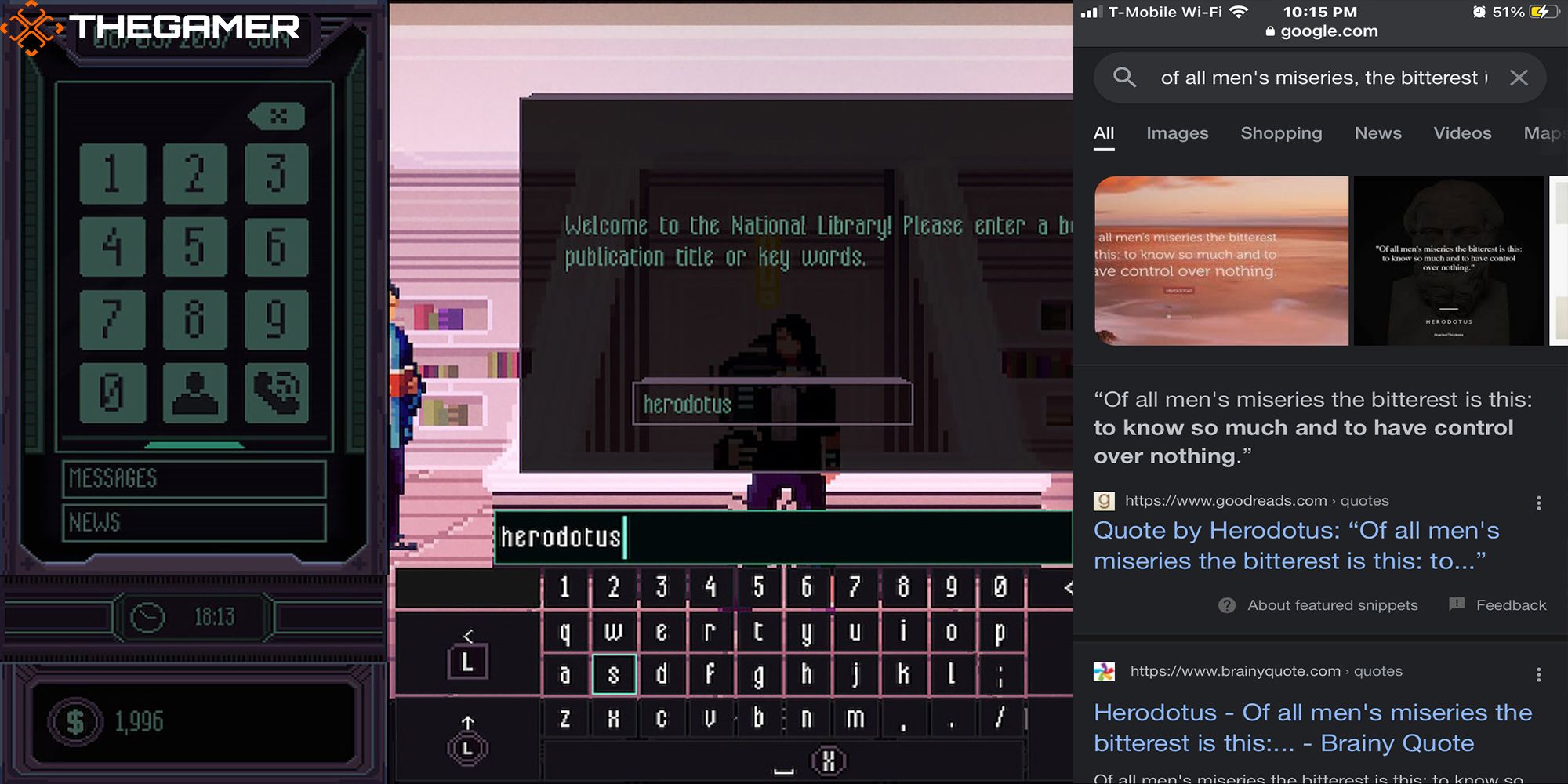 Amira types "Herodotus" into the library directory in Chinatown Detective Agency. To the right is a google snapshot of the player's corresponding internet search.