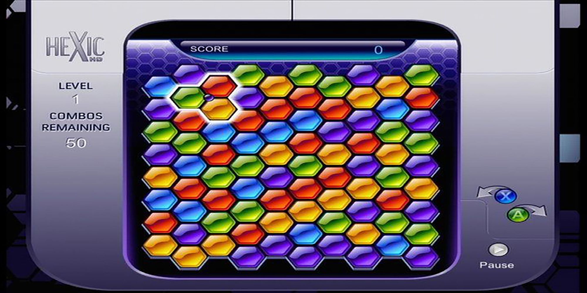 Colorful hexagons adorn the play grid of Hexic HD for Xbox 360.