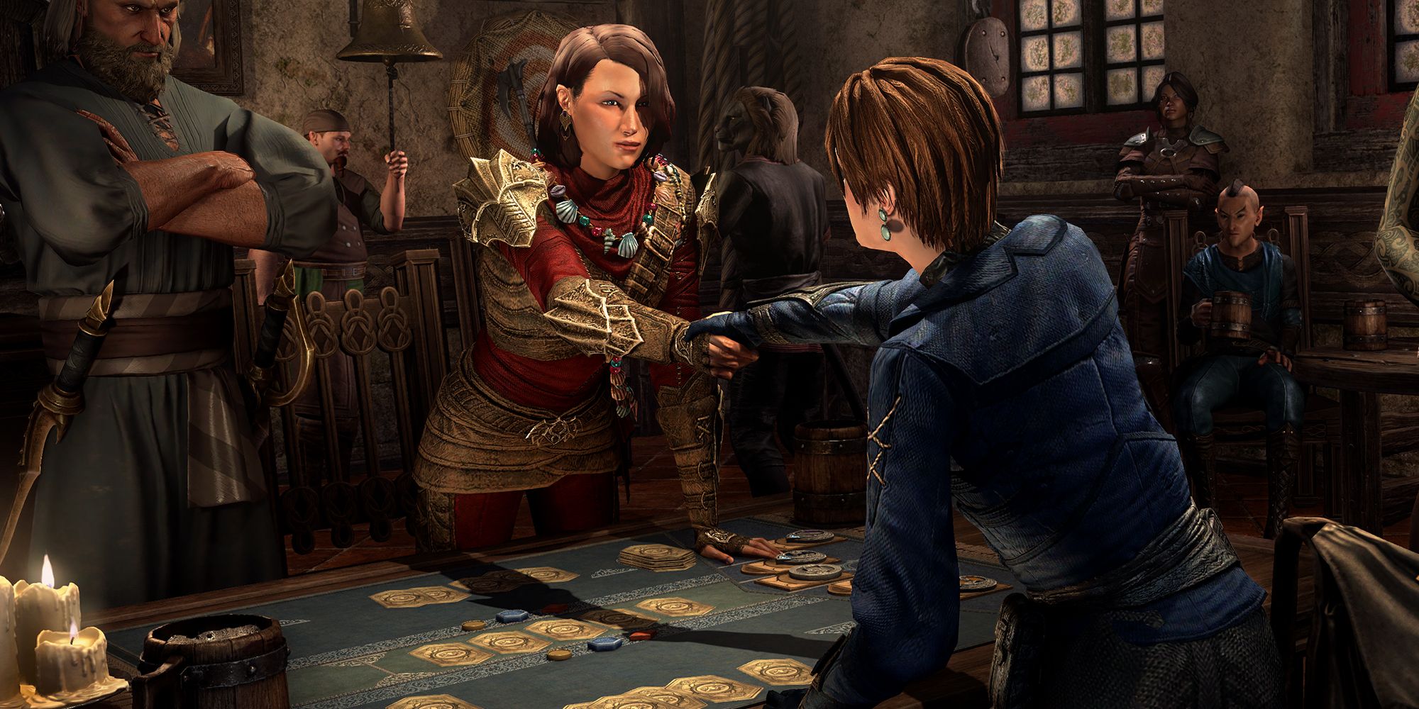 Two women shaking hands over card game table at the High Isle Tales of Tribute in Elder Scrolls Online