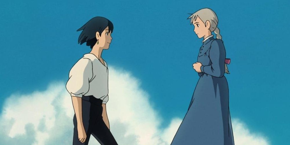 A screenshot of Howl and Sophie against a blue sky in Howl’s Moving Castle.