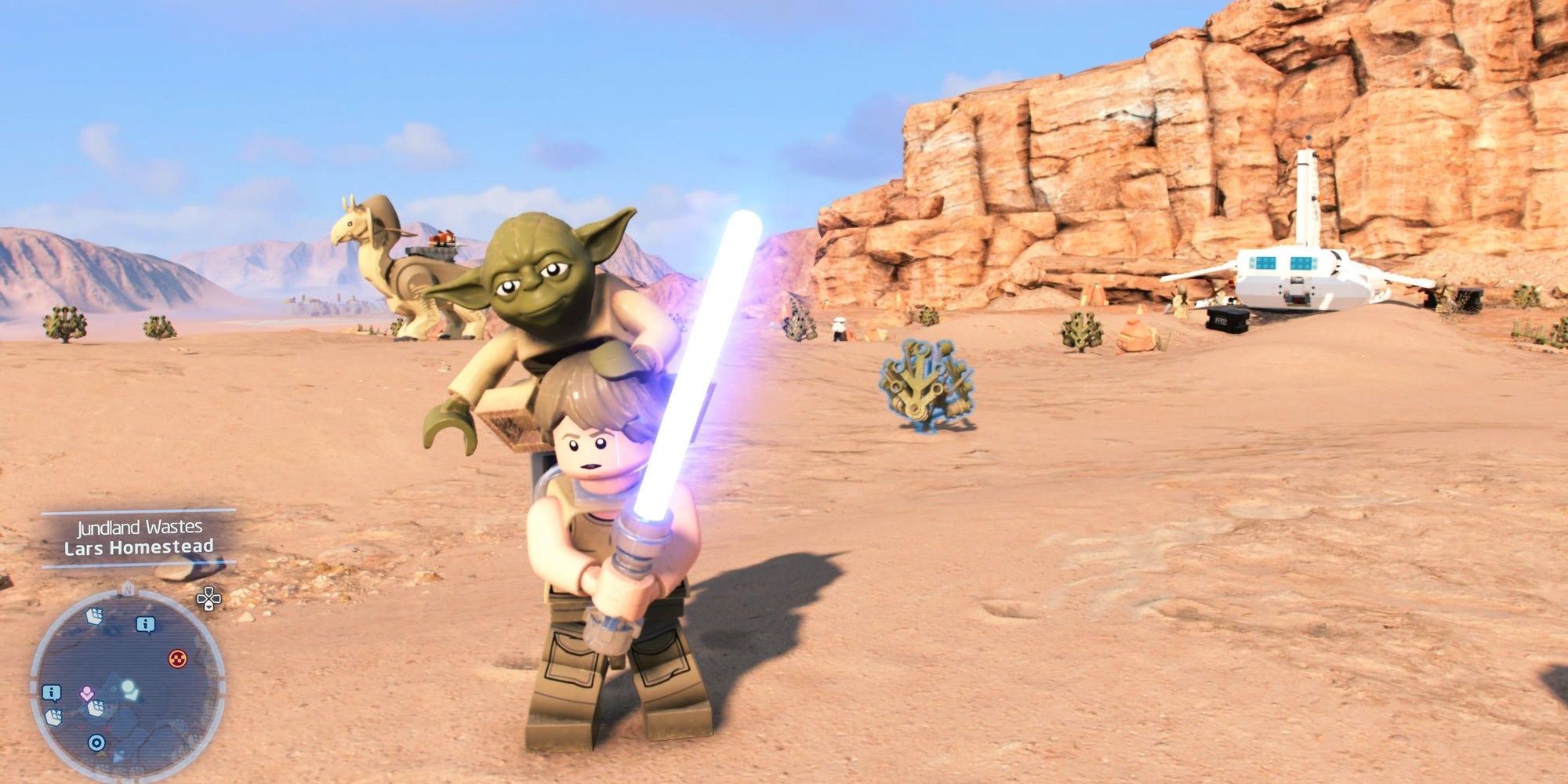 Luke Carrying Yoda On His Back On Desert Planet With Lightsaber Extended