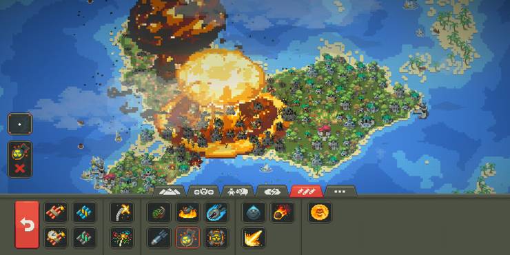 In-Game Screenshot From WorldBox showing an explosion on a large island