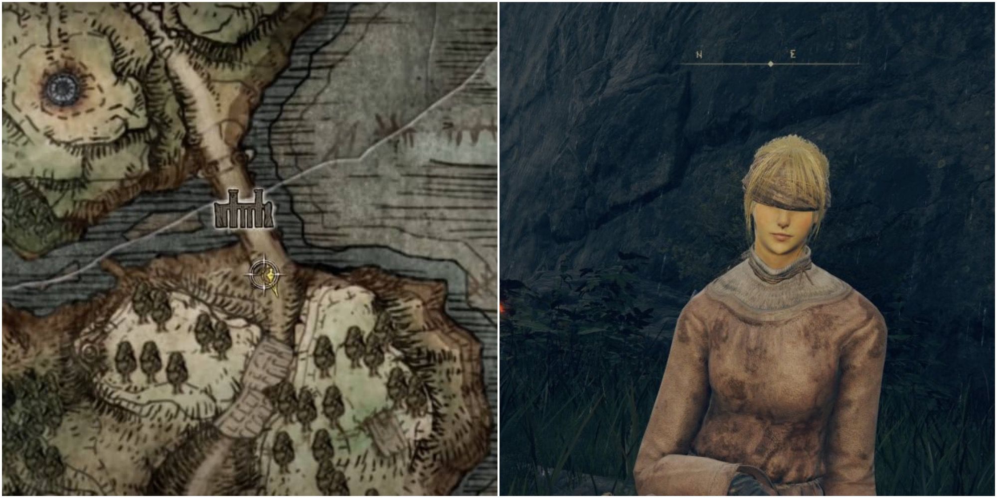 Collage image of map location and in-game image of Irina in the Weeping Peninsula Elden Ring