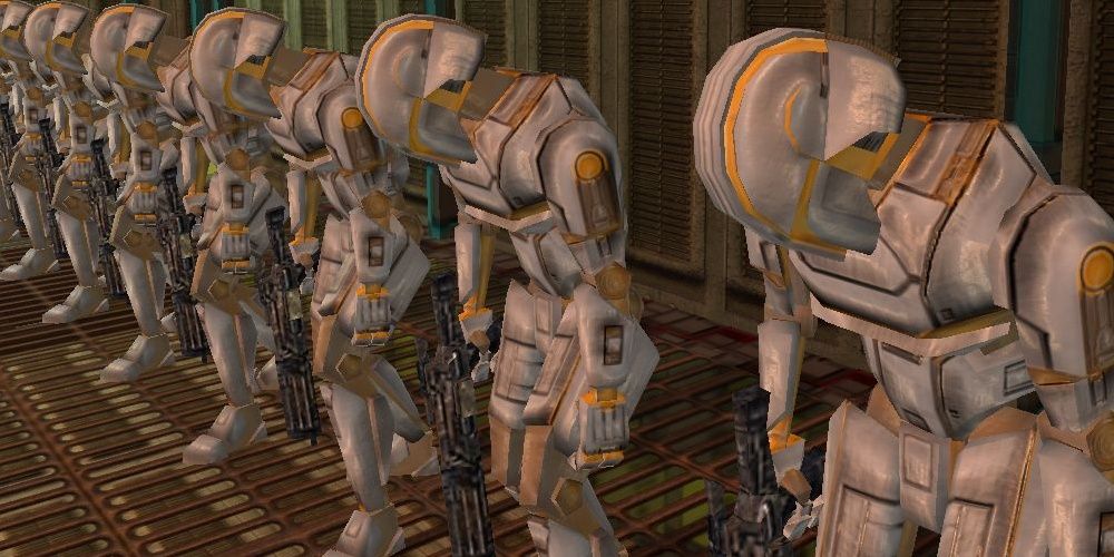 A room of deactivated droids in Star Wars KOTOR.