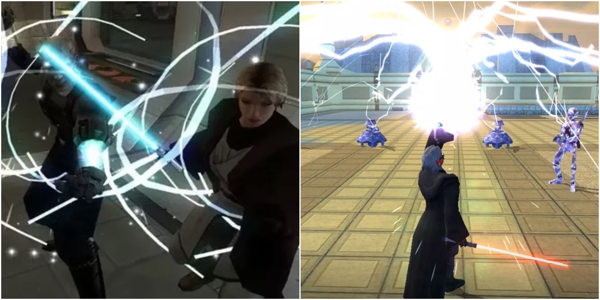 The female Exile from KOTOR healing party on the left. The male Exile uses Force Storm on a group of droids to the right.