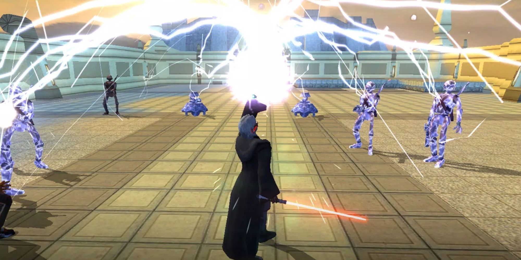 The main character in Star Wars Knights of The Old Republic using Force Storm on a crowd.