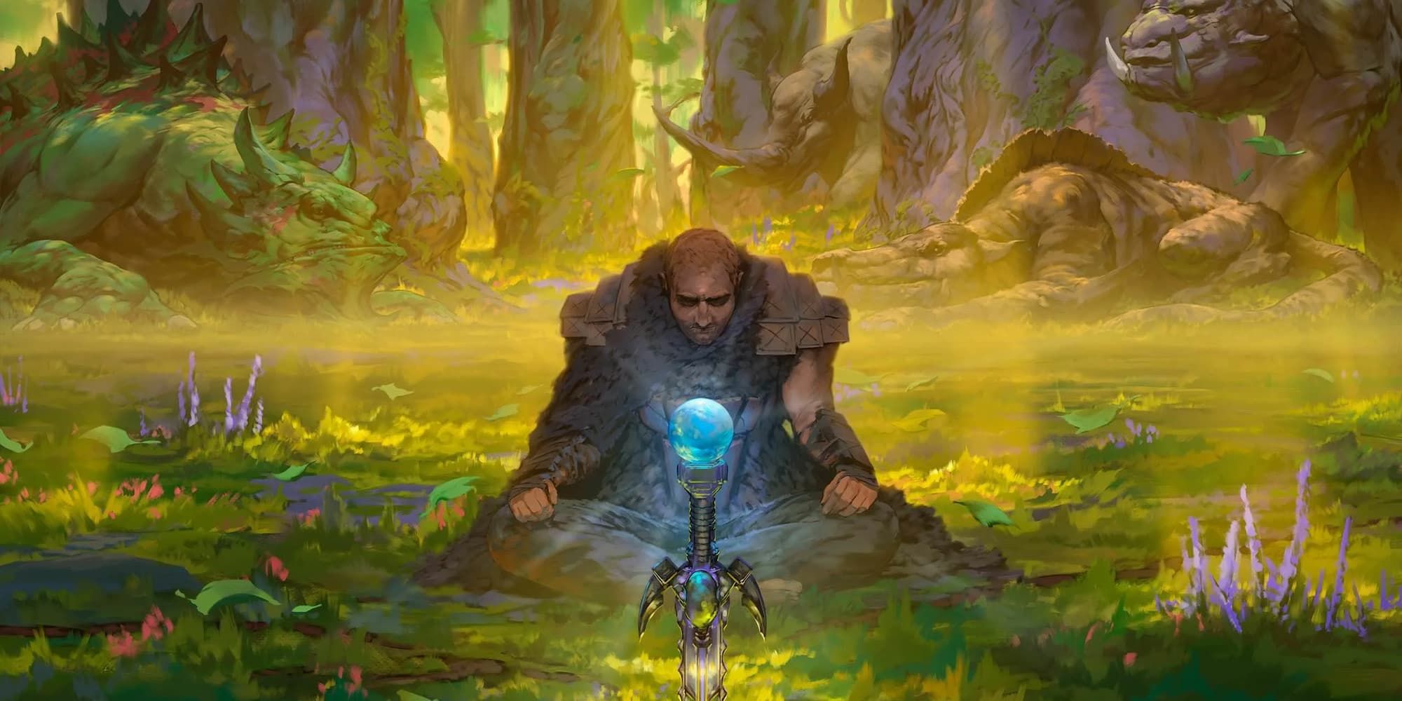 A barbarian sitting in a sunlit forest clearing, looking at a sword with a blue gem