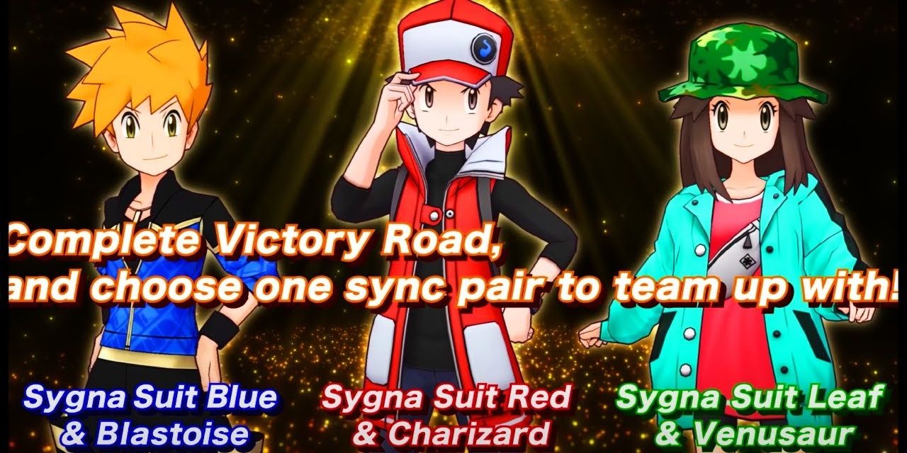 SS Red, SS Blue, and SS Leaf from Pokemon Masters EX stand at each other's sides. The Kanto Trio posing. Leaf, Red, and Blue. 