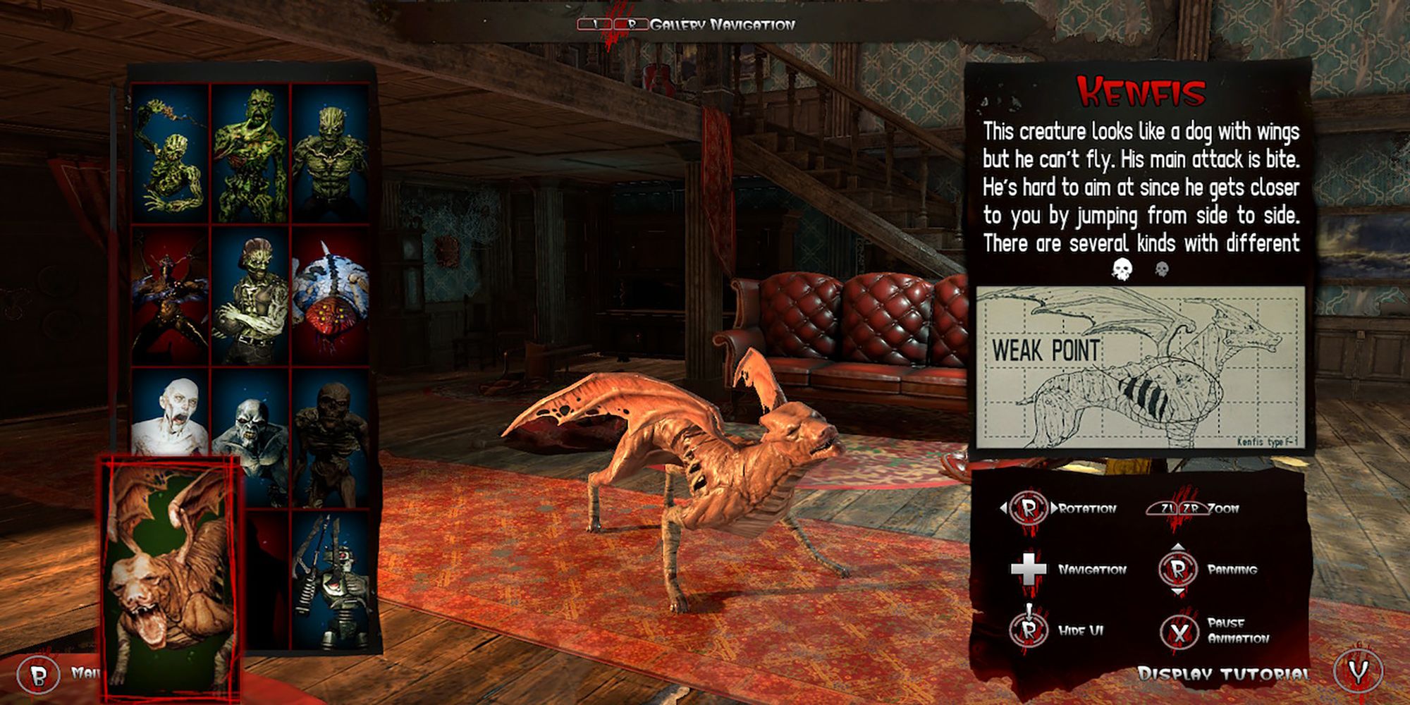 Kenfis's creature profile and weak spot diagram from the Creature Library in The House Of The Dead: Remake.