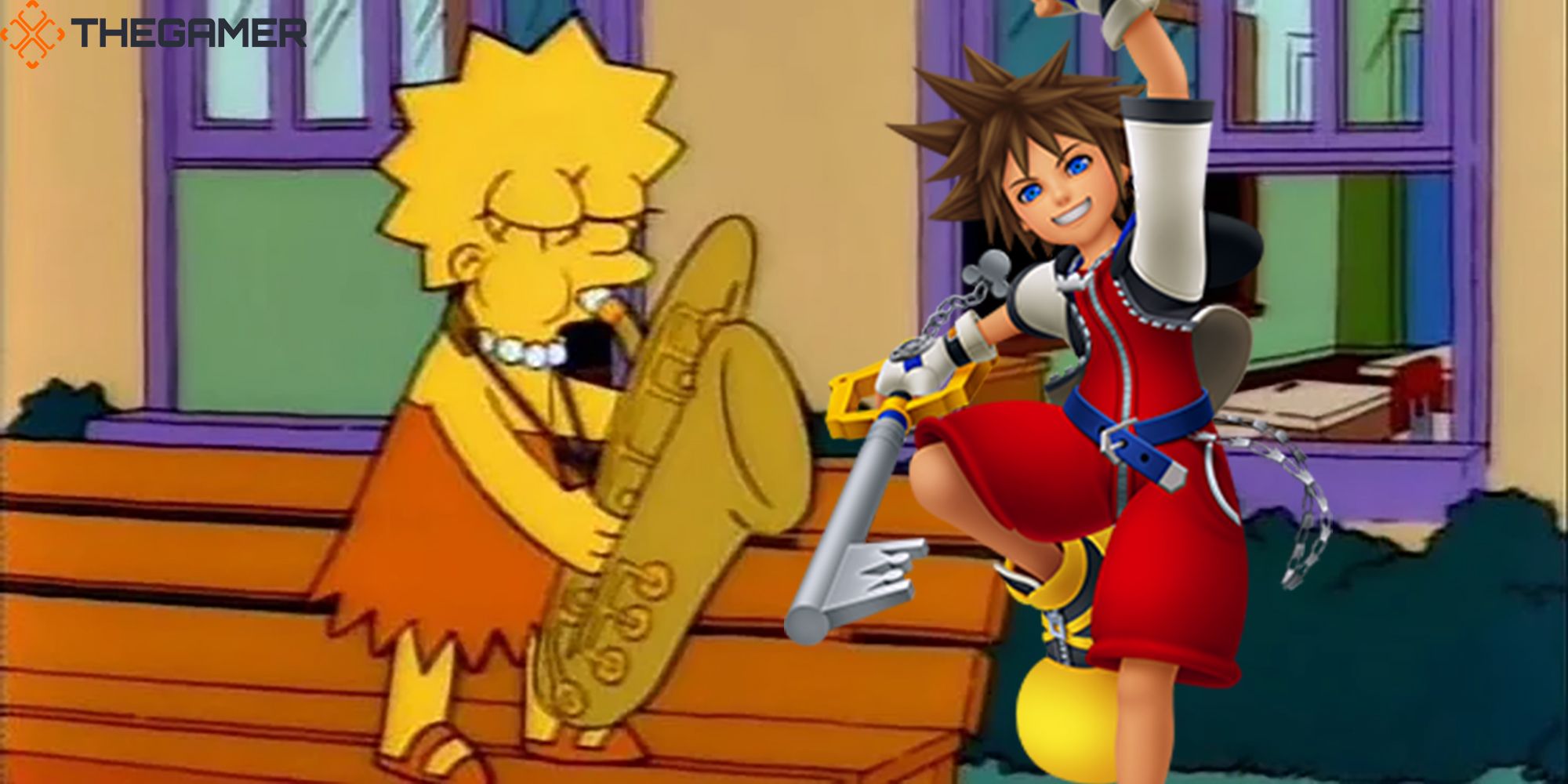 Sora hangs out with Lisa Simpson outside Springfield Elementary in our imagined Fox Edition of Kingdom Hearts.