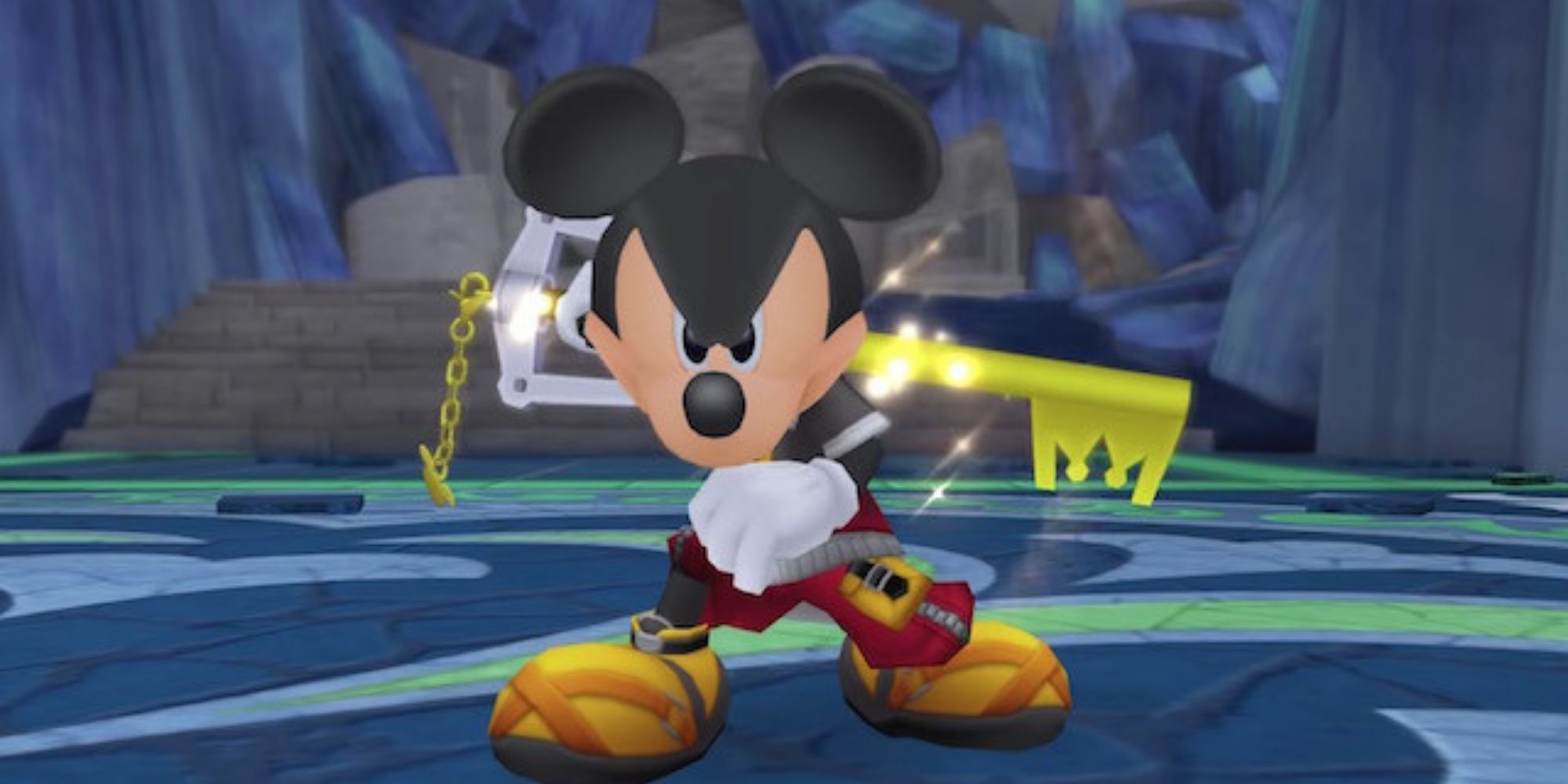 Kingdom Hearts Mickey Mouse Prepares To Attack With His Keyblade Inside a Ruin