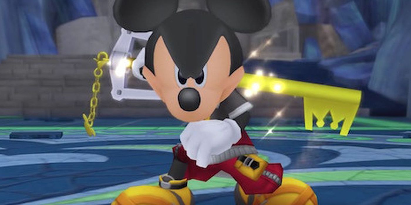 Mickey holding the Keyblade behind him in Kindom Hearts